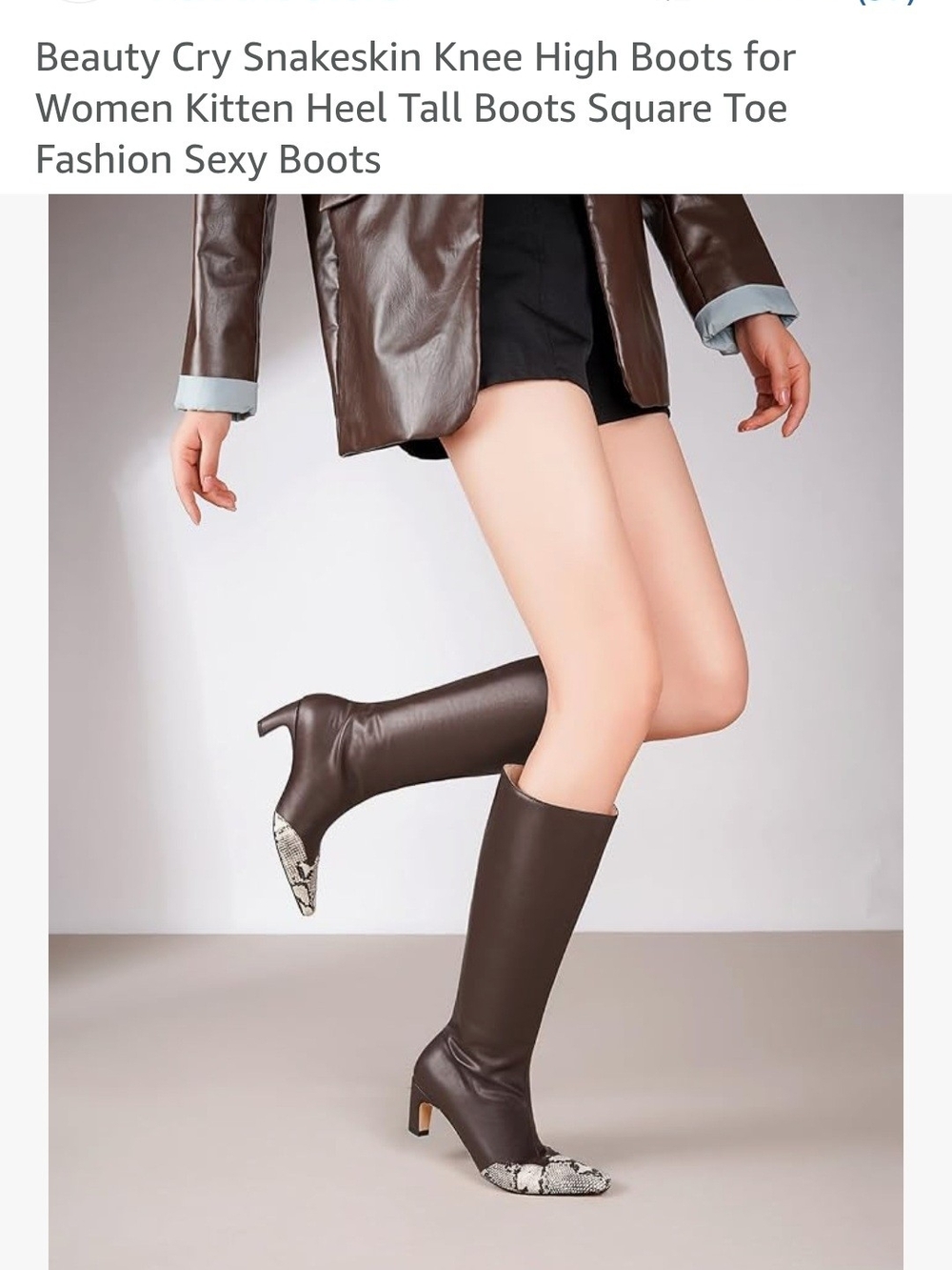 Knee-High Brown Heeled Boots with Snake-Print Toe